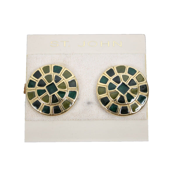 St John Couture Multi Color Green Inlaid Enamel 1" Clip On Earrings