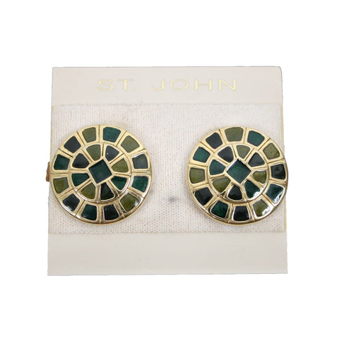 St John Couture Multi Color Green Inlaid Enamel 1" Clip On Earrings