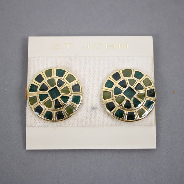 St John Couture Multi Color Green Inlaid Enamel 1" Clip On Earrings