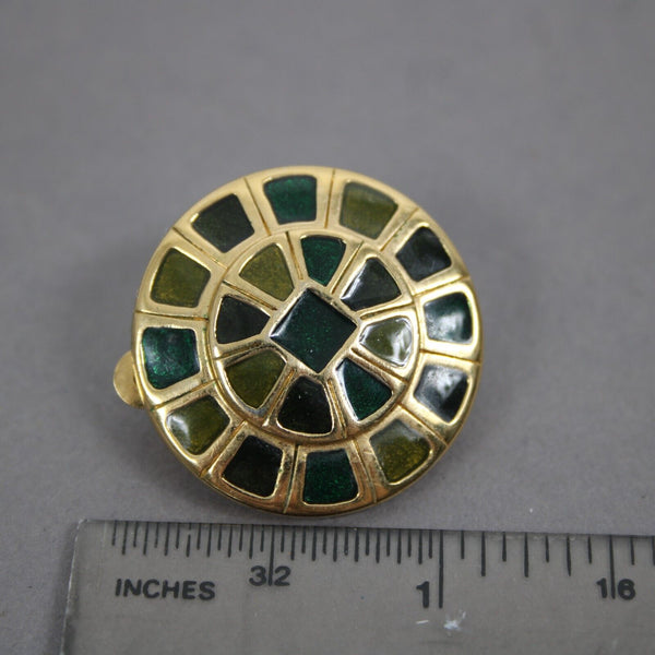 St John Couture Multi Color Green Inlaid Enamel 1" Clip On Earrings