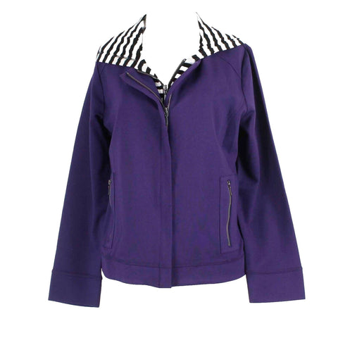 Chicos Zenergy NEW $129 Sz 2 Purple White Black Stripe Rayon Nylon Inset Jacket