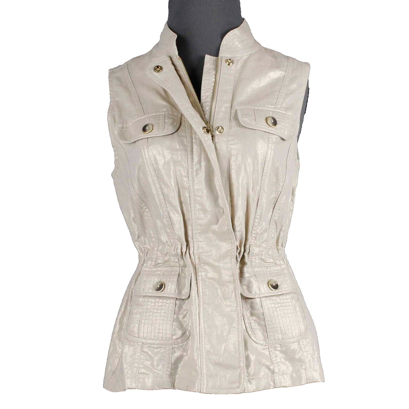 Chicos Sz 0 Tan Gold Shimmer Collared Pockets Linen Cotton Vest