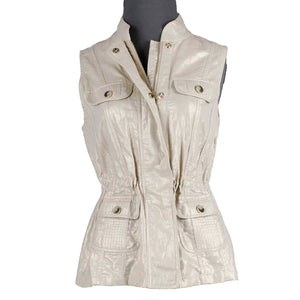 Chicos Sz 0 Tan Gold Shimmer Collared Pockets Linen Cotton Vest