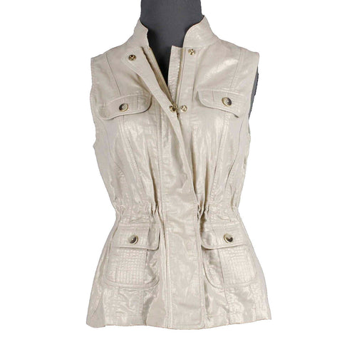 Chicos Sz 0 Tan Gold Shimmer Collared Pockets Linen Cotton Vest