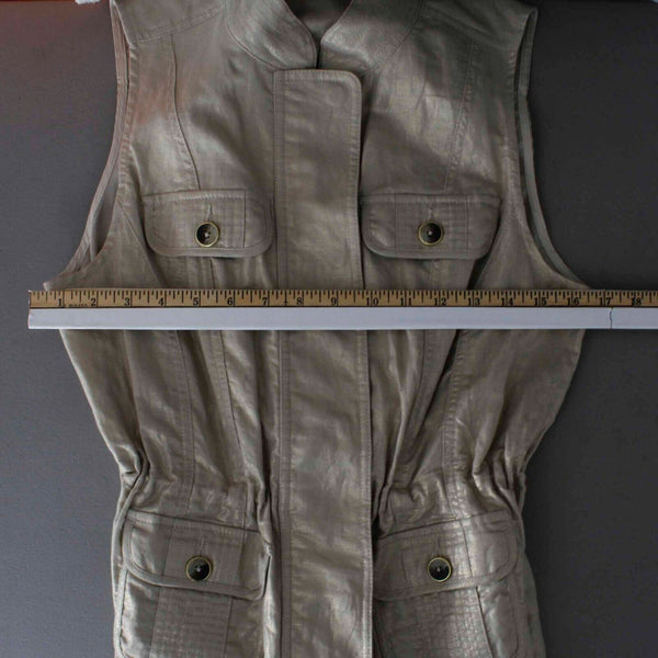 Chicos Sz 0 Tan Gold Shimmer Collared Pockets Linen Cotton Vest