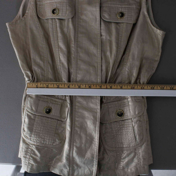 Chicos Sz 0 Tan Gold Shimmer Collared Pockets Linen Cotton Vest