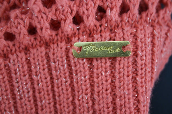 Thalia Sodi Sz S Coral Gold Threads Open Weave Pullover Poly Blend Sweater