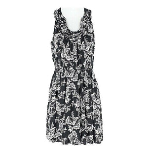 Elle Sz S White Black Elastic Waist Pintucked Keyhole Neckline Rayon Dress