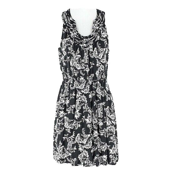Elle Sz S White Black Elastic Waist Pintucked Keyhole Neckline Rayon Dress