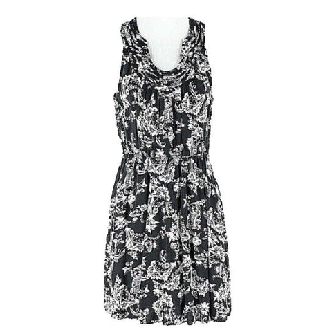 Elle Sz S White Black Elastic Waist Pintucked Keyhole Neckline Rayon Dress