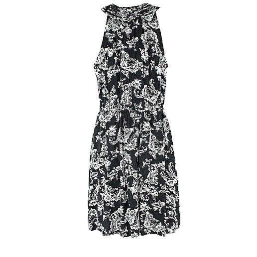 Elle Sz S White Black Elastic Waist Pintucked Keyhole Neckline Rayon Dress