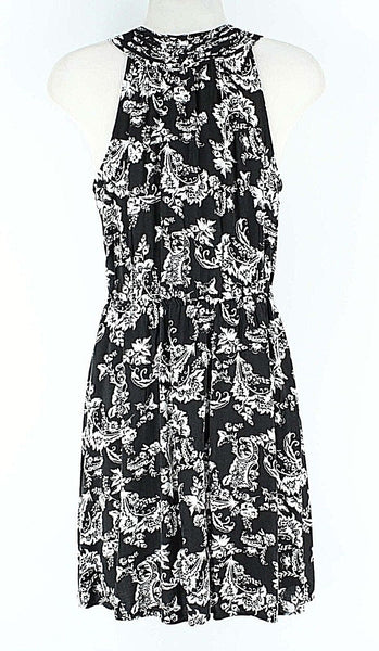 Elle Sz S White Black Elastic Waist Pintucked Keyhole Neckline Rayon Dress
