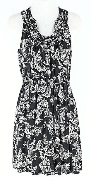 Elle Sz S White Black Elastic Waist Pintucked Keyhole Neckline Rayon Dress