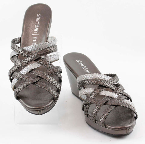 Sheridan Mia Sz 39 Silver Charcoal Cross Band Slide On Wedge Slides