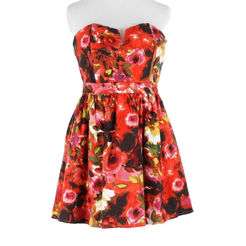 Mustard Seed NEW Sz M Red Multi Floral Strapless Lined Linen Poly Dress