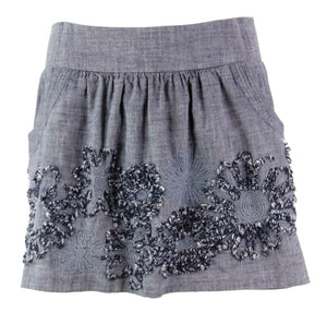 Stooshy Sz L Navy White 100% Cotton 2 Pocket Embroidered Gathered Skirt