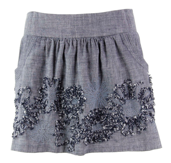 Stooshy Sz L Navy White 100% Cotton 2 Pocket Embroidered Gathered Skirt