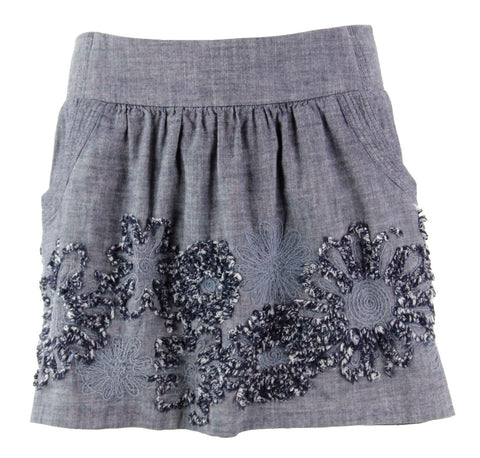 Stooshy Sz L Navy White 100% Cotton 2 Pocket Embroidered Gathered Skirt