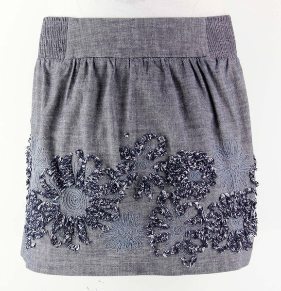 Stooshy Sz L Navy White 100% Cotton 2 Pocket Embroidered Gathered Skirt