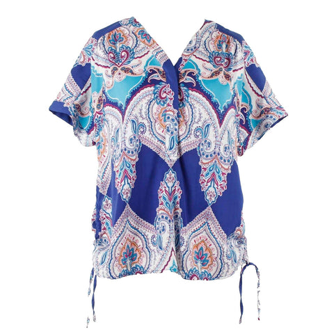 Chicos Sz 0P Blue Multicolor V Neck Paisley Short Sleeve 100% Polyester Top