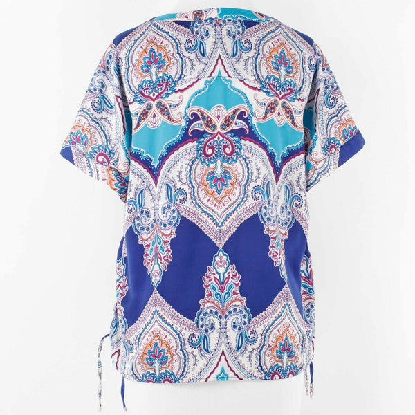 Chicos Sz 0P Blue Multicolor V Neck Paisley Short Sleeve 100% Polyester Top