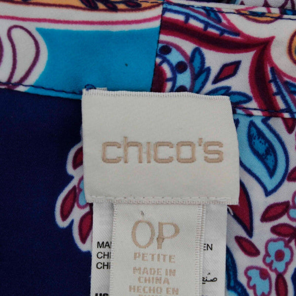 Chicos Sz 0P Blue Multicolor V Neck Paisley Short Sleeve 100% Polyester Top