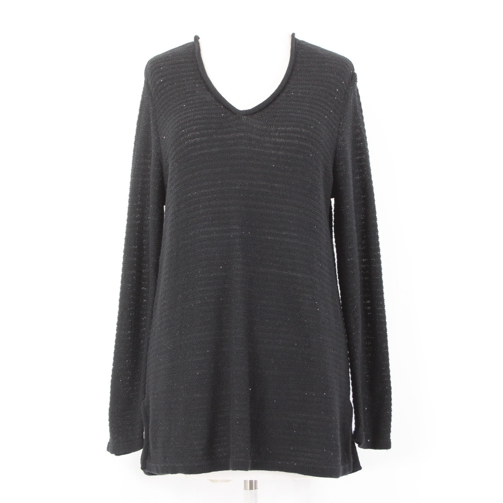 J Jill Top Sz M Black Sequin Open Knit V Neck Cotton Polyester Top