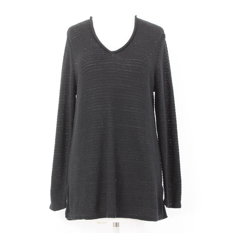 J Jill Top Sz M Black Sequin Open Knit V Neck Cotton Polyester Top