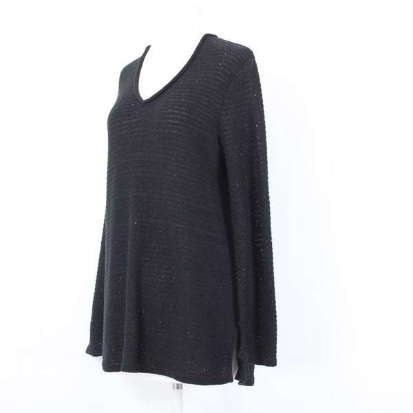 J Jill Top Sz M Black Sequin Open Knit V Neck Cotton Polyester Top