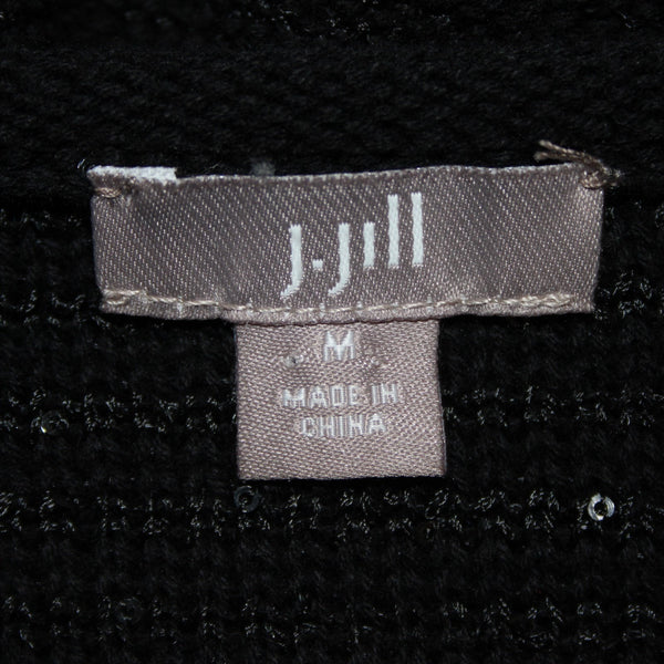 J Jill Top Sz M Black Sequin Open Knit V Neck Cotton Polyester Top