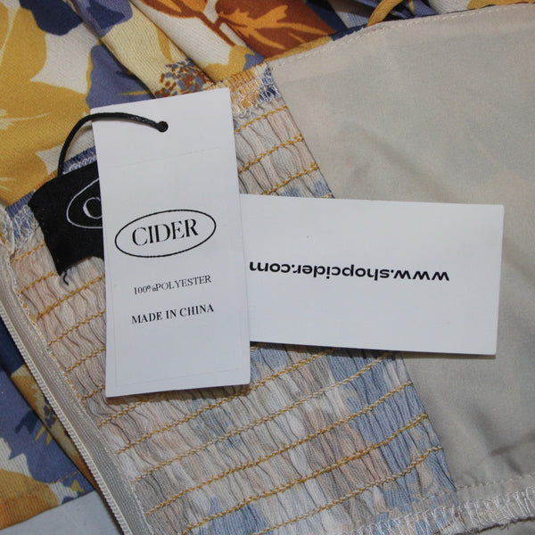 Cider Dress NEW Sz 4? Smock Back Yellow Cream Blue Floral Lined 100% Poly Dress