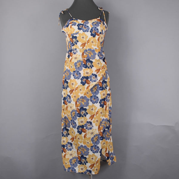 Cider Dress NEW Sz 4? Smock Back Yellow Cream Blue Floral Lined 100% Poly Dress