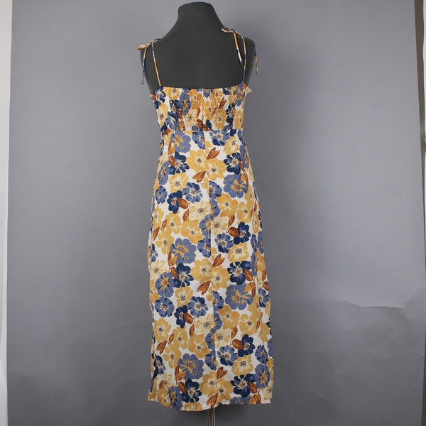 Cider Dress NEW Sz 4? Smock Back Yellow Cream Blue Floral Lined 100% Poly Dress