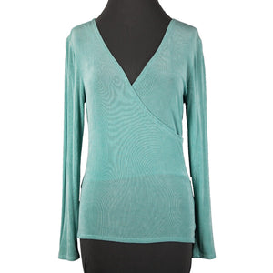 Patricia Wolf Sz XS Aqua Green V Neck Stretch Ribbed Polyester Lycra Travel Top