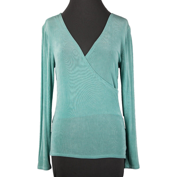 Patricia Wolf Sz XS Aqua Green V Neck Stretch Ribbed Polyester Lycra Travel Top