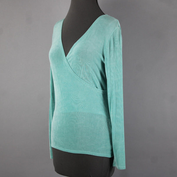 Patricia Wolf Sz XS Aqua Green V Neck Stretch Ribbed Polyester Lycra Travel Top