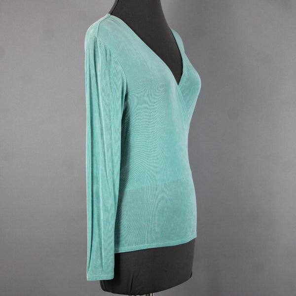 Patricia Wolf Sz XS Aqua Green V Neck Stretch Ribbed Polyester Lycra Travel Top