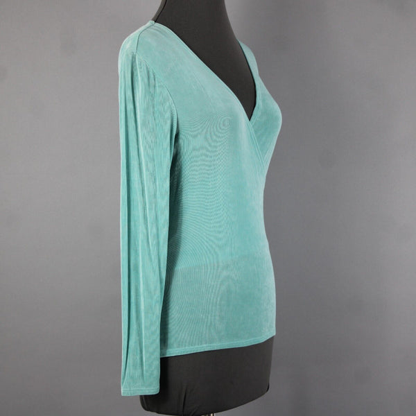 Patricia Wolf Sz XS Aqua Green V Neck Stretch Ribbed Polyester Lycra Travel Top
