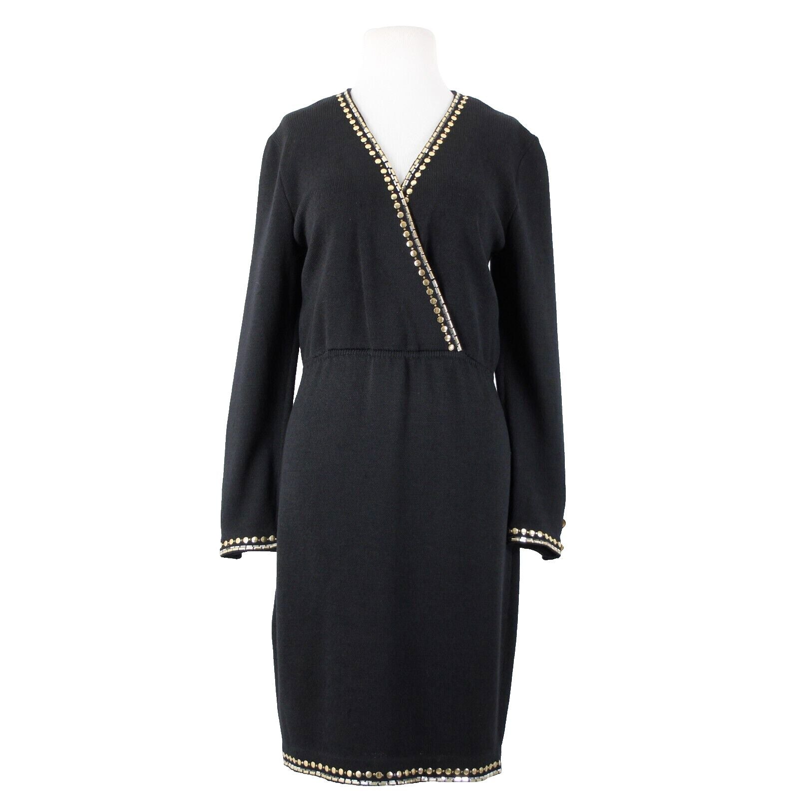 St John Evening Sz 6 Black Gold Paillettes Studded Santana Knit AS IS Dress