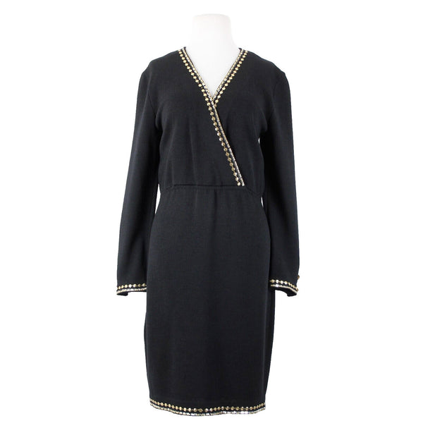 St John Evening Sz 6 Black Gold Paillettes Studded Santana Knit AS IS Dress