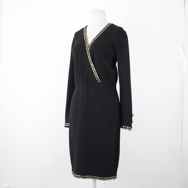 St John Evening Sz 6 Black Gold Paillettes Studded Santana Knit AS IS Dress