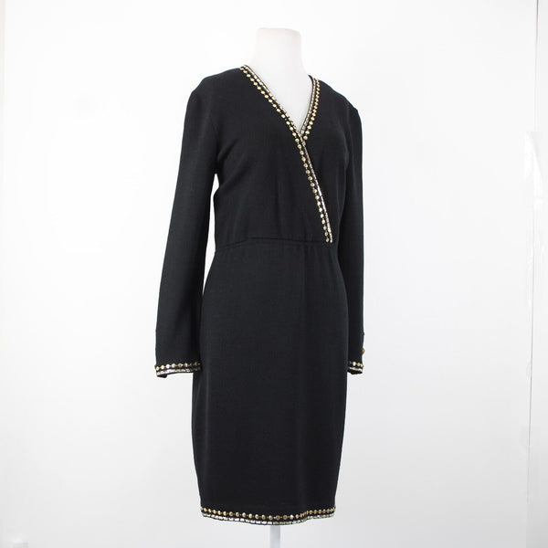 St John Evening Sz 6 Black Gold Paillettes Studded Santana Knit AS IS Dress