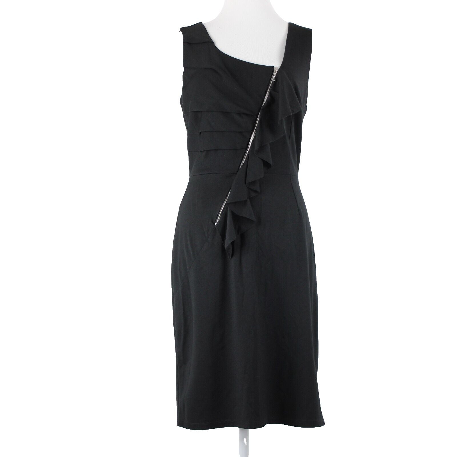 Lily Sz S Black Silvertone Zip Detail Ruffle Polyester Spandex Bodycon Dress