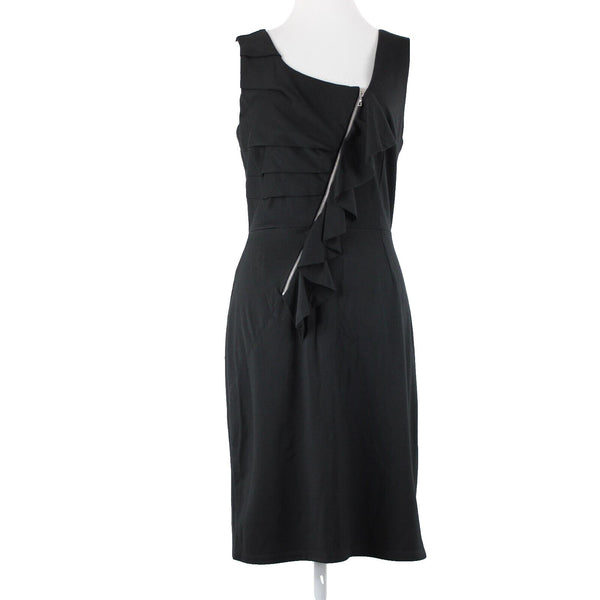 Lily Sz S Black Silvertone Zip Detail Ruffle Polyester Spandex Bodycon Dress