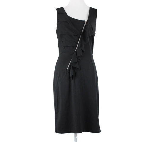 Lily Sz S Black Silvertone Zip Detail Ruffle Polyester Spandex Bodycon Dress