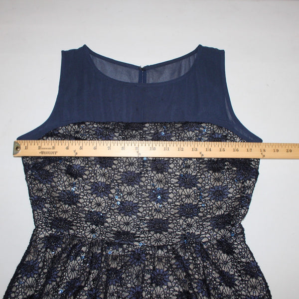 J Taylor Dress Sz 8 Navy Blue Tan Lined Lace Detail Sequin Nylon Poly Spandex