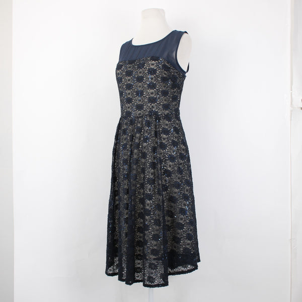 J Taylor Dress Sz 8 Navy Blue Tan Lined Lace Detail Sequin Nylon Poly Spandex