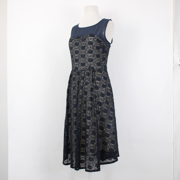 J Taylor Dress Sz 8 Navy Blue Tan Lined Lace Detail Sequin Nylon Poly Spandex