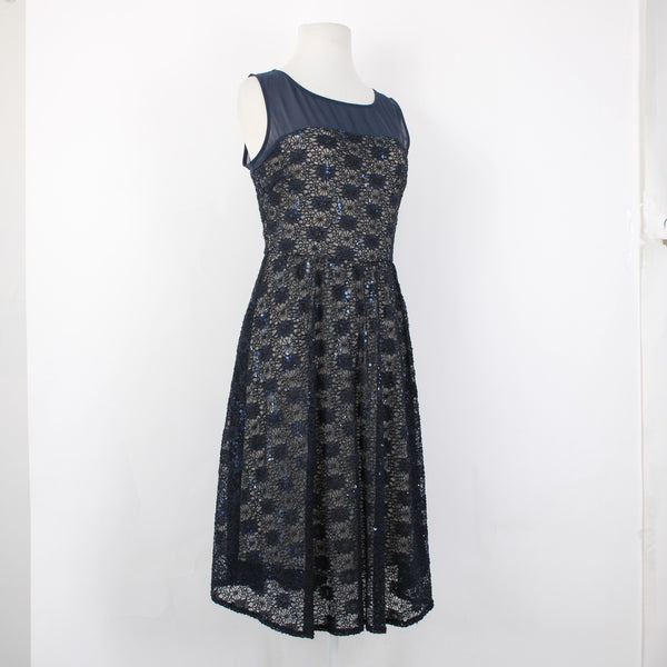 J Taylor Dress Sz 8 Navy Blue Tan Lined Lace Detail Sequin Nylon Poly Spandex