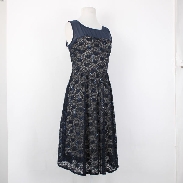 J Taylor Dress Sz 8 Navy Blue Tan Lined Lace Detail Sequin Nylon Poly Spandex